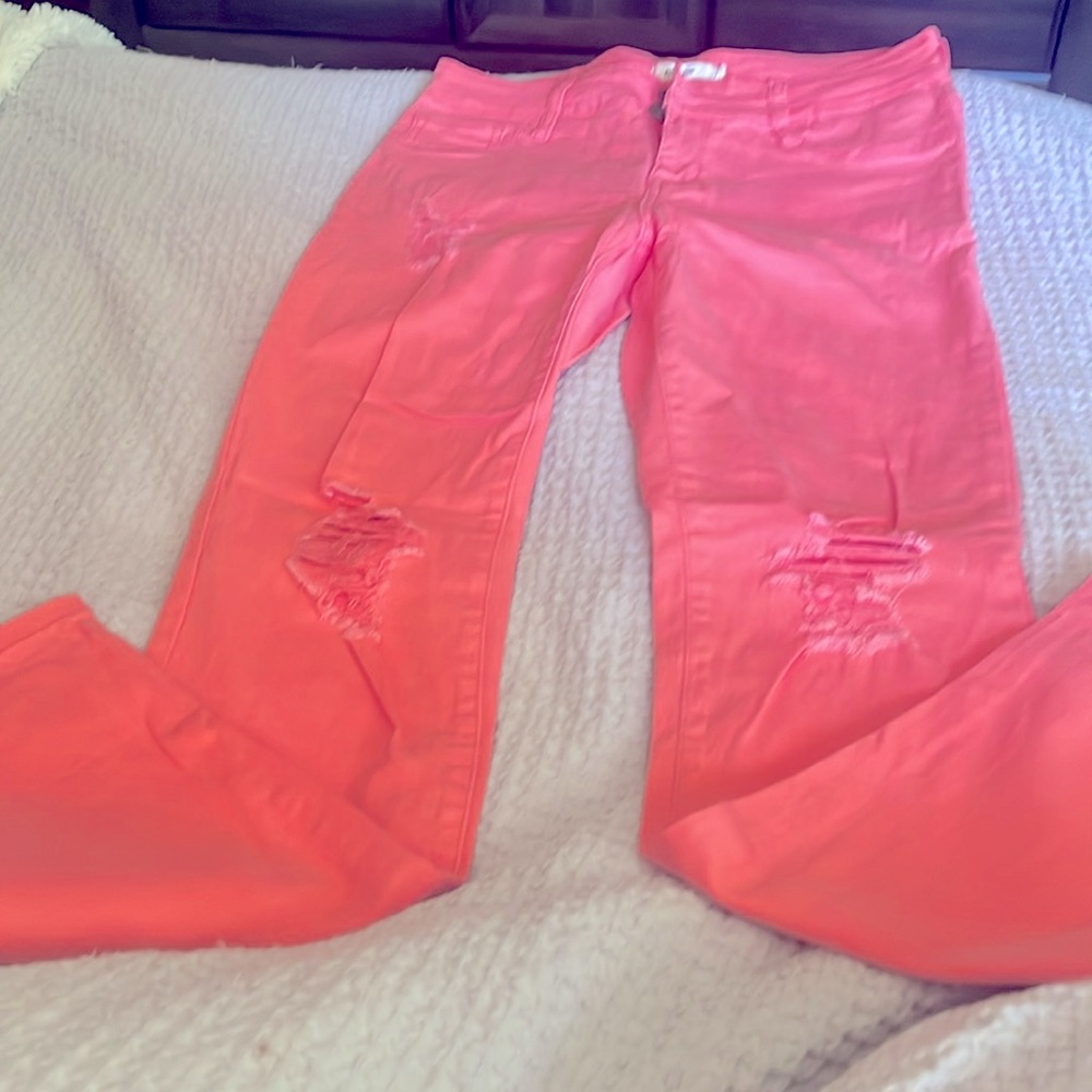 Bright coral jeans, lightweight, distressed, skinny fit, size 11